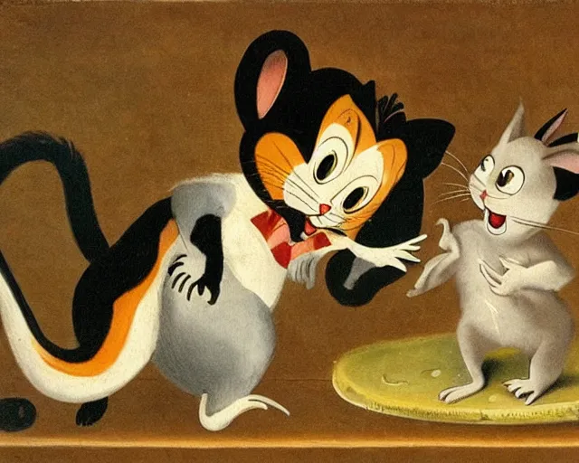 Image similar to a 1 6 0 0 s painting of tom and jerry