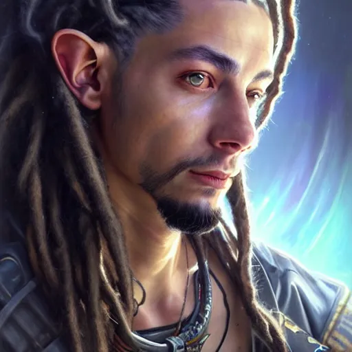 Image similar to portrait painting of a cyberpunk elf mercenary tom kaulitz with dreads, ultra realistic, concept art, intricate details, eerie, highly detailed, photorealistic, octane render, 8 k, unreal engine. art by artgerm and greg rutkowski and charlie bowater and magali villeneuve and alphonse mucha