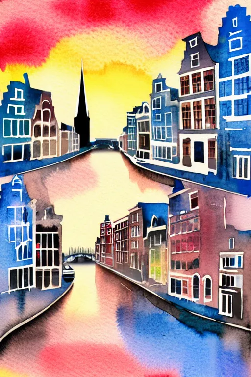 Prompt: minimalist watercolor art of amsterdam at sunset, illustration, vector art