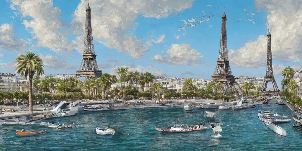 Image similar to the beautiful city of paris rebuilt next to the ocean in sunny california, amazing weather, beach view, palm trees, splendid haussmann architecture, wonderful eiffel tower, digital painting, highly detailed, intricate, concept art, matte painting, trending on artstation, art by greg rutkwowski, artgerm, wlop