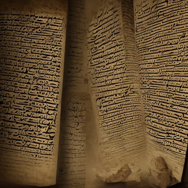 Prompt: ultra - realistic disconcerting photo of a partially damaged dead sea scroll with nabeatean aramaic in sideways columns, dark, brooding, volume lighting, atmospheric lighting, painted, intricate, ultra detailed, well composed, best on artstation, cgsociety, epic, stunning, gorgeous, intricate detail, wow, masterpiece