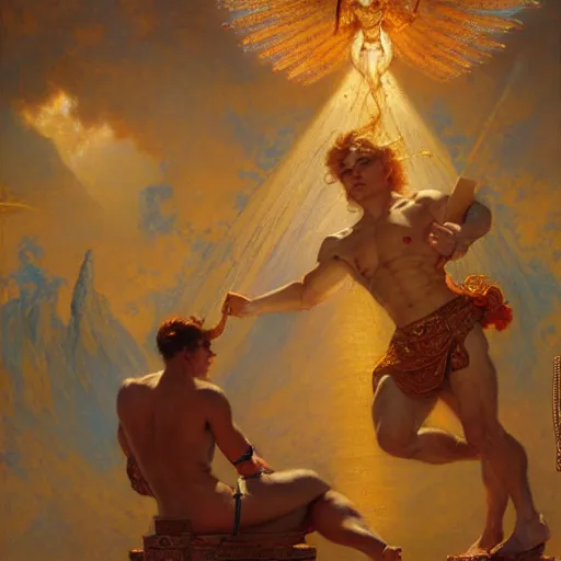 Prompt: stunning male god making akashic records, highly detailed painting by gaston bussiere, craig mullins, j. c. leyendecker, 8 k