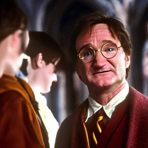 Prompt: Robin Williams playing Harry-Potter in Harry Potter, screenshot