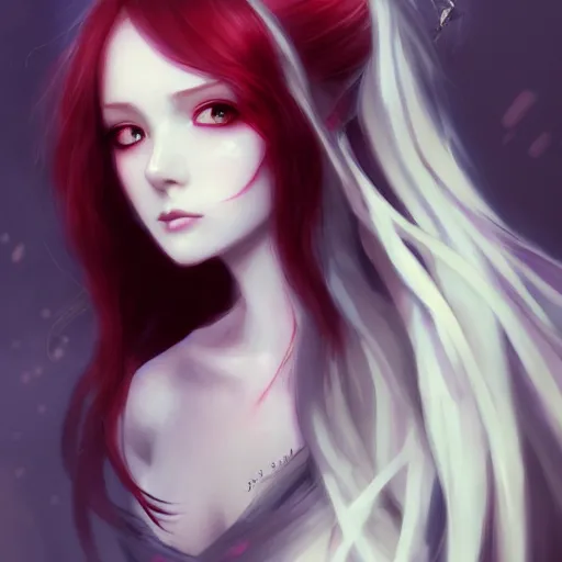 Image similar to facial portrait of a young pretty anime woman, long red hair, dark eyes, gothic eyeliner, character concept art, headshot, Charlie Bowater, Anna Dittmann, WLOP, Rumiko Takahashi, Akihiko Yoshida, Hyung-tae Kim, alexander mcqueen, trending on Artstation