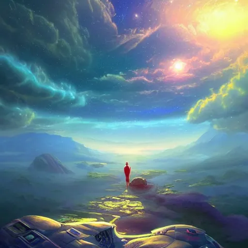 Prompt: an artist named adss arrives in a space ship, 8K, Ultra Realistic, vast surreal landscape and horizon by Asher Durand and Cyril Rolando and Thomas Kinkade, rich pastel color palette, masterpiece!!, grand!, imaginative!!!, epic scale, intricate details, sense of awe, elite, fantasy realism, complex composition, 4k post processing