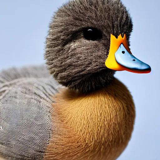 Prompt: extremely detailed photo of a duck wearing a fuzzy sweater, Sigma 80mm, cute