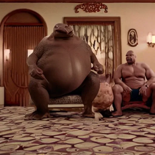 Image similar to a giant toad sitting with mike tyson in a room, realistic still from the movie the big lebowski by the coen brothers, 8 h