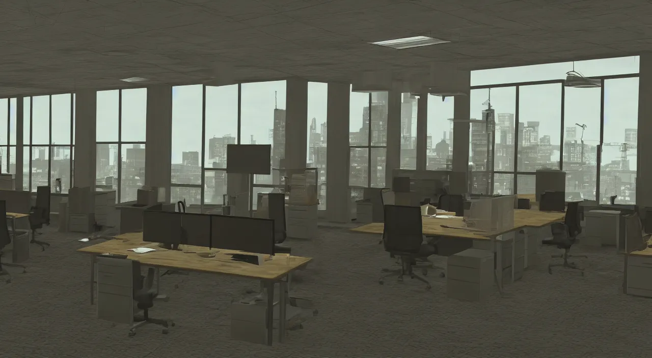 Image similar to A man in the office at 3AM with multiple cubicles and a window that provides a view of the city, Source Engine, Gmod, Half Life 2