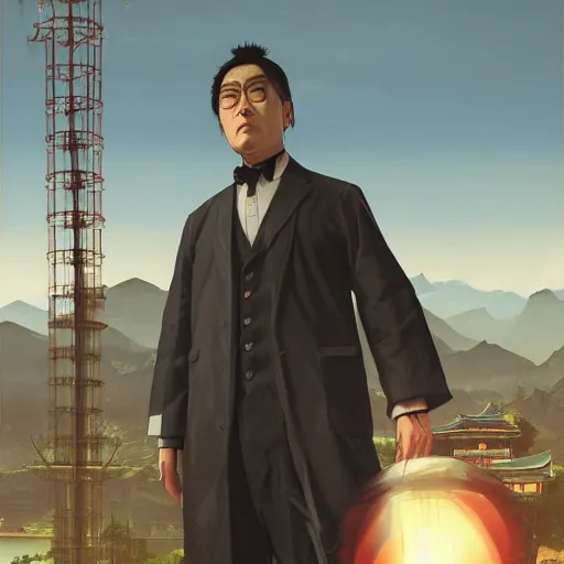 Prompt: Portrait of a japanese man wearing a solarpunk scientist outfit in a grand theft auto 5 loading screen , art by Albert Bierstadt and James Gurney, highly detailed, digital painting, matte painting, concept art, illustration, oppressive lighting, trending on artstation, very detailed