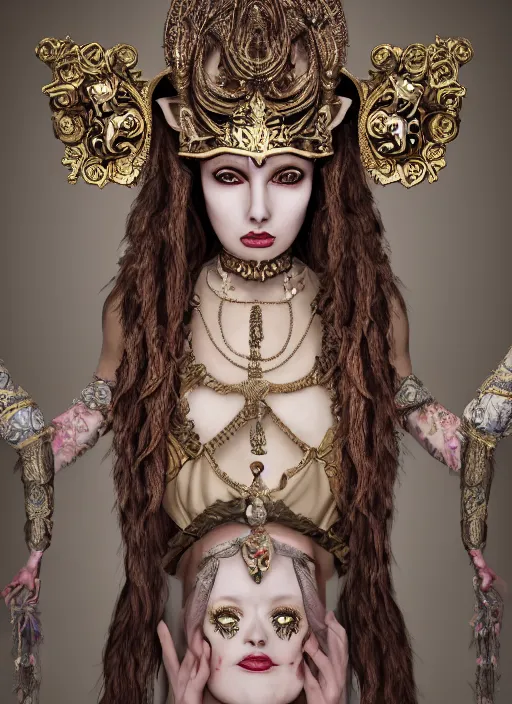 Prompt: a portrait of female priestess by candy makeup, photorealistic, intricate details, hyper realistic, fantasy, elegant, baroque, horn, ram skull headpiece, photorealistic, photography, symmetrical features, symmetrical pose, wide angle shot, feet on the ground, wearable art, unreal engine