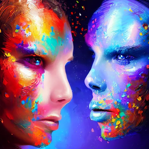 Image similar to two Artificial Intelligence fighting with brushes on a canvas to create the most beautiful painting ever, colourful oil painting, digital art, trending on artstation, highly detailed, futuristic,digital engine, luminous,