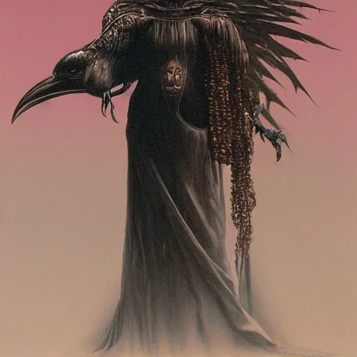 Image similar to young female in detailed golden mask of raven by Wayne Barlowe