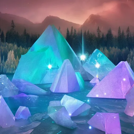 Prompt: giant prismatic crystals in a fairytale enchanted forest, starry moonlit sky, ethereal, muted pastel tones, david attenborough nature documentry footage, ultra high definition, 8 k