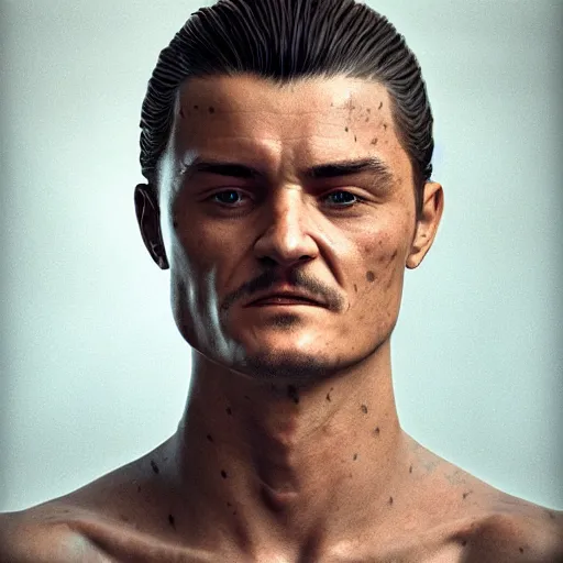 Image similar to hyperrealistic orlando bloom crazy out of his mind, stunning 3 d render inspired by istvan sandorfi & xiang duan, perfect symmetry, dim volumetric cinematic lighting, 8 k octane comprehensive render, extremely mega hyper - detailed and lifelike attributes & atmosphere, intricate, realistic flesh texture, masterpiece, artstation, stunning,