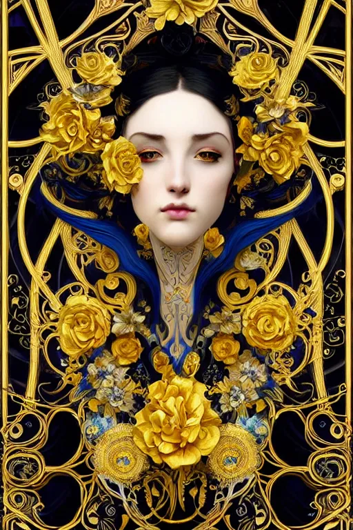 Prompt: beautiful black blue yellow, complicated gold and blue flowers in baroque style decoration, dark fantasy, intricate, elegant, highly detailed, digital painting, artstation, concept art, matte, 3 d 8 k octane rendered, sharp focus, illustration, octane rendered, art by artgerm and alphonse mucha, leesha hannigan