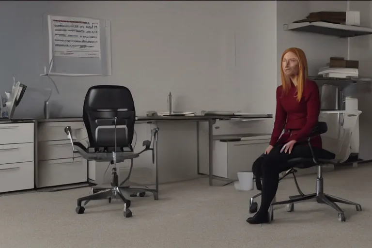 Image similar to award winning shot of pepper potts, ceo of stark industries, sinks into her chair, desolate, her once - spotless office now covered in dust. she sobs. screenshot from the mcu, ambient lighting, 8 k, as played by gwyneth paltrow