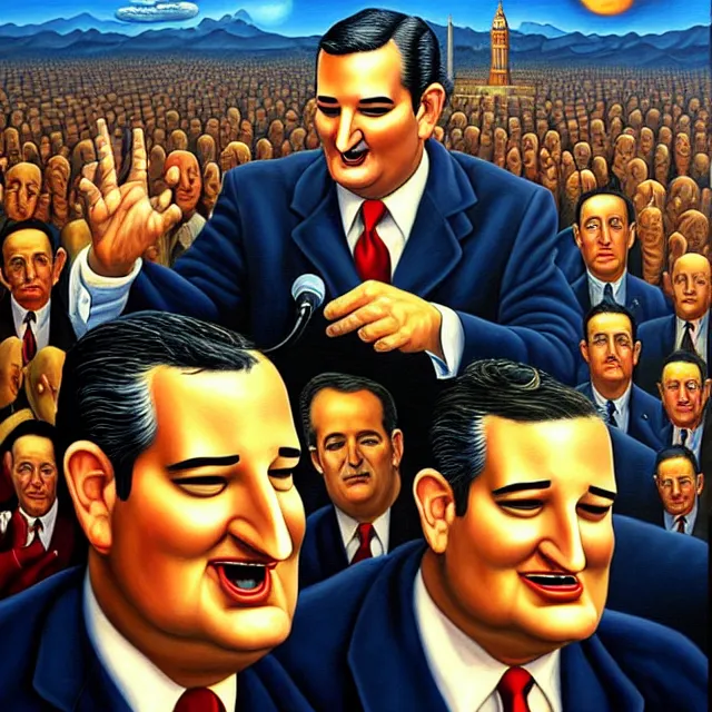 Image similar to an oil on canvas portrait painting of ted cruz doing a speech at the republican convention, surrealism, surrealist, cosmic horror, rob gonsalves, high detail