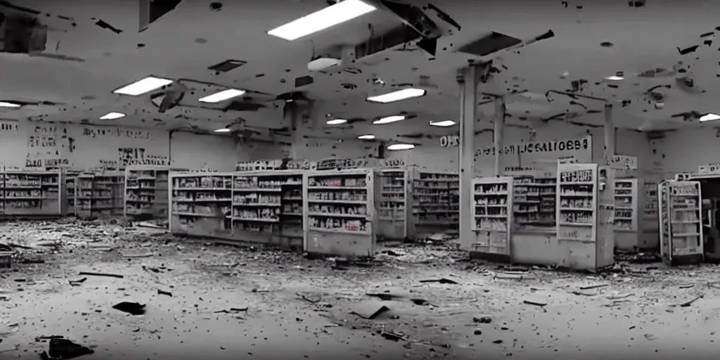 Image similar to abandoned human android factory in a convenience store, damaged camcorder video