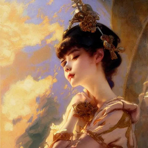 Prompt: a detailed high fashion studio portrait of a cute anime girl, closed eyes, painting by gaston bussiere, craig mullins, j. c. leyendecker