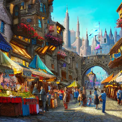 Image similar to bright fantasy medieval city, blue sky, busy market street, highly detailed and intricate 8 k concept art fantasy illustration