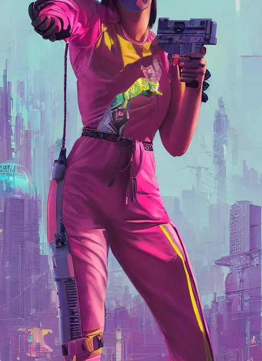 Image similar to beautiful cyberpunk female athlete wearing pink jumpsuit and yellow jacket. firing a futuristic red belt fed automatic pistol. ad poster for pistol. cyberpunk poster by james gurney, azamat khairov, and alphonso mucha. artstationhq. gorgeous face. painting with vivid color, cell shading. ( rb 6 s, cyberpunk 2 0 7 7 )