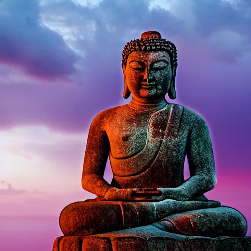 Image similar to huge stone buddha statue on a cliff, 8 k, moody, purple water, intense color, highly detailed, dream landscape, violet fog, wide, high color saturation,