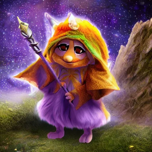 Image similar to dungeons and dragons foxfolk wizard druid as a chibi muppet plush wearing an ethereal star filled mage robes inspired by the star touched elves from dragon prince, photorealistic, photography, national geographic, sesame street