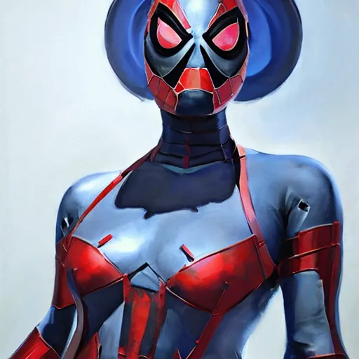 Image similar to greg manchess portrait painting of partially armored female iron spiderman as overwatch character, medium shot, asymmetrical, profile picture, organic painting, sunny day, matte painting, bold shapes, hard edges, street art, trending on artstation, by huang guangjian, gil elvgren, ruan jia, greg rutkowski, gaston bussiere