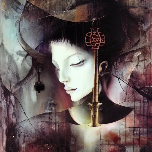 Image similar to she dreams a past she hasn't lived, she holds the key to the gate to reality outside this virtual world, oil on canvas by dave mckean and yoshitaka amano