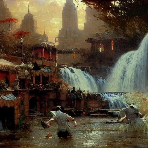 Image similar to waterfall flooding an entire city. victorian age. highly detailed painting by gaston bussiere, craig mullins, j. c. leyendecker