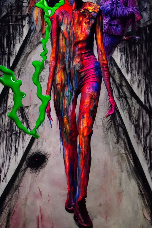 Image similar to crazy fashion catwalk, one model, crazy clothes, biopunk style, horror, clothes look like slime, hauntingly surreal, highly detailed painting by francis bacon, edward hopper, adrian ghenie, gerhard richter, and james jean soft light 4 k,