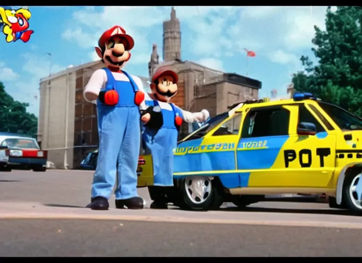 Prompt: 1 9 9 1 live action super mario brother the movie police car