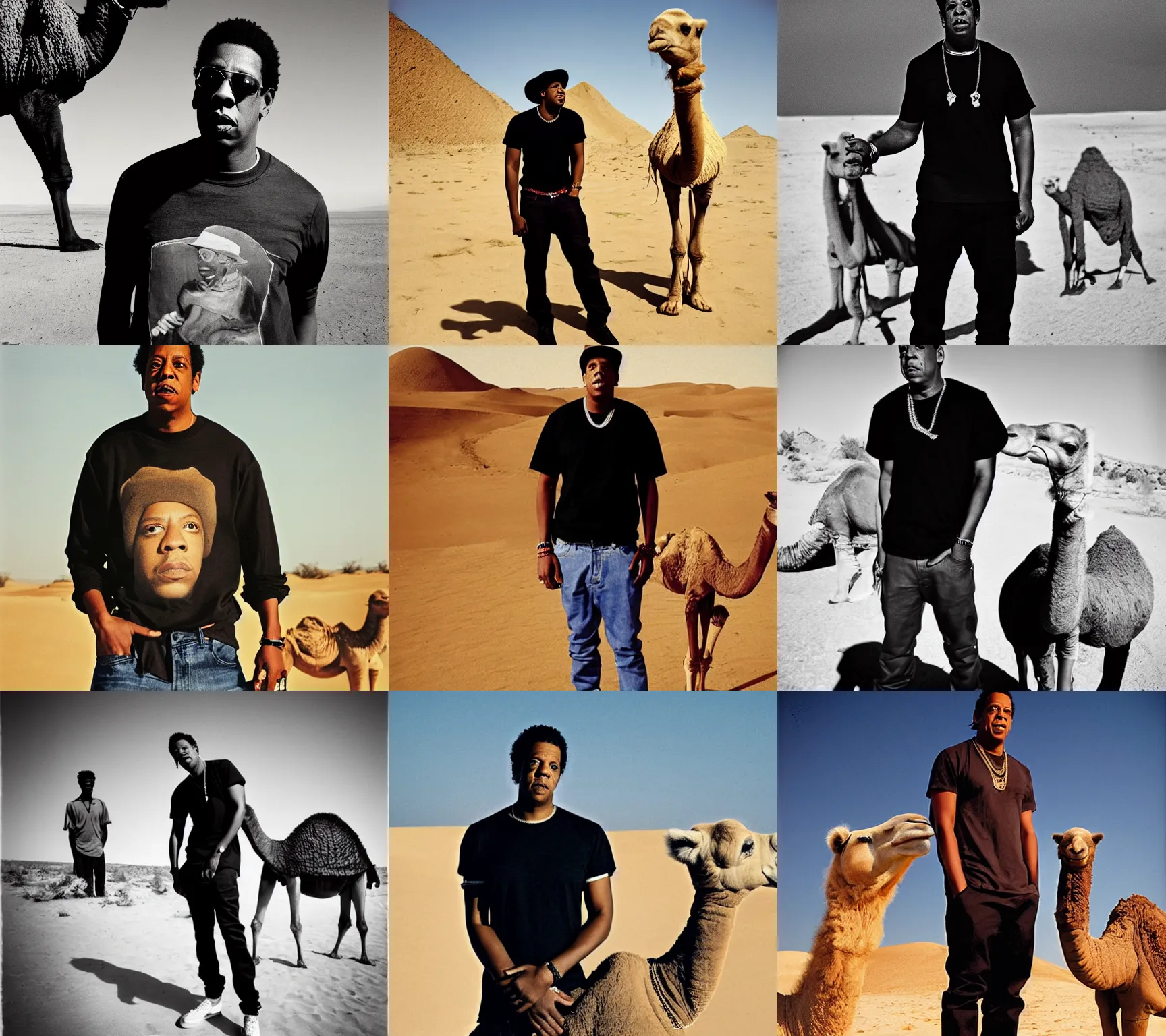 Prompt: portrait of jay - z shawn carter wearing a black t - shirt and skinny jeans, standing next to a camel, sand desert fantasy, photogarphy by helen levitt, good lighting, no blur