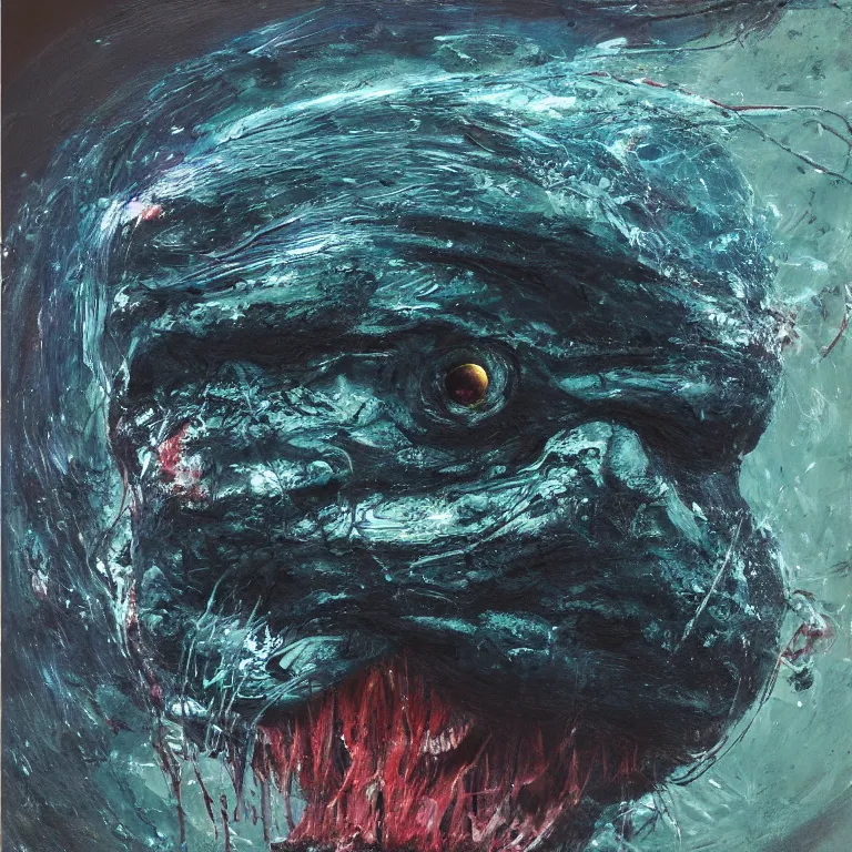 Prompt: Hyperrealistic Studio Photograph of a deep sea humpback anglerfish deep underwater in darkness, award-winning nature deep sea expressionistic impasto oil painting by Cy Twombly and Tim Hawkinson vivid colors hyperrealism 8k