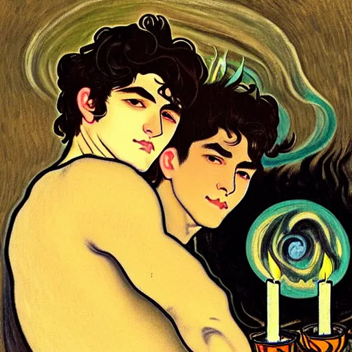 Image similar to painting of young cute handsome beautiful dark medium wavy hair man in his 2 0 s named shadow taehyung and cute handsome beautiful min - jun together at the halloween party, bubbling cauldron, candles, smoke, tarot, autumn colors, elegant, stylized, soft facial features, delicate facial features, art by alphonse mucha, vincent van gogh, egon schiele