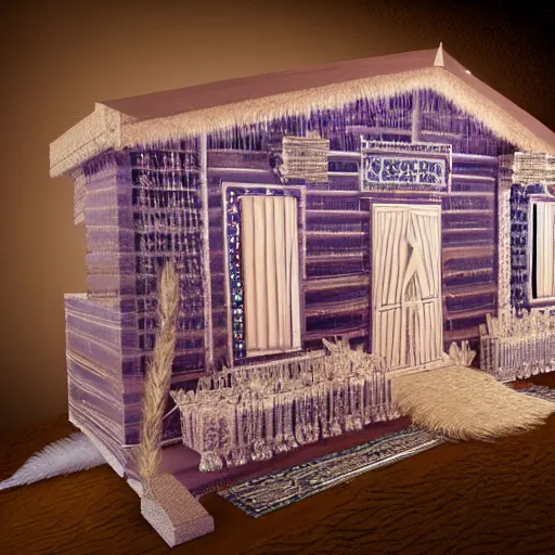 Prompt: egyptian art of a chalet made of crystals and feathers 8K 3D and hyperrealistic
