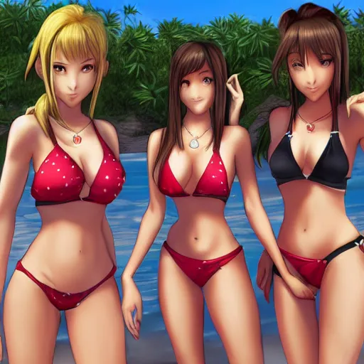 Image similar to beautiful aerith and tifa and jessie from final fantasy in a bikini on the beach making eye contact drawn by sakimichan