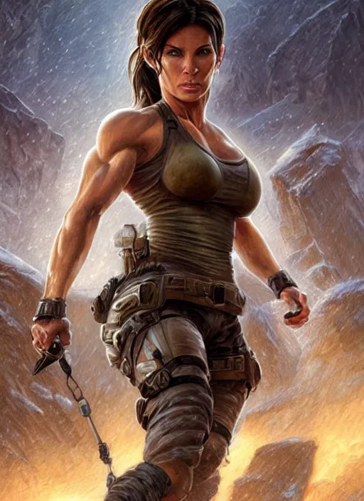 Image similar to muscled Sandra Bullock as Lara Croft as a ruggedly handsome heroine jumping off a glowing artifact lodged in shallow water, intricate, elegant, highly detailed, artstation, concept art, smooth, sharp focus, illustration, bokeh art by artgerm and donato giancola and Joseph Christian Leyendecker, WLOP, fireflies, distant snowstorm