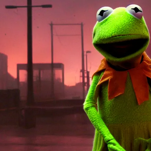Prompt: film still of Kermit the Frog, from Blade Runner 2049 (2017)