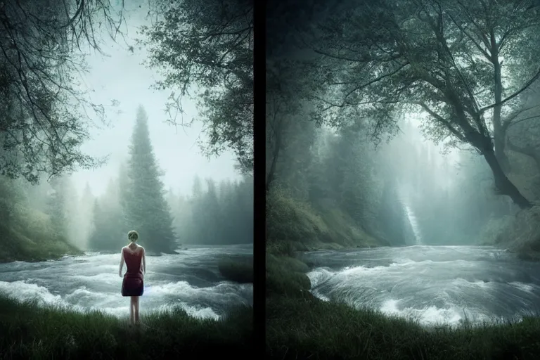 Image similar to an ultra realistic, cinematic headshot portrait, of girl, background of a vast serene landscape, with trees and rivers, detailed, deep focus, movie still, dramatic lighting, ray tracing, by michal karcz and yoshitaka amano