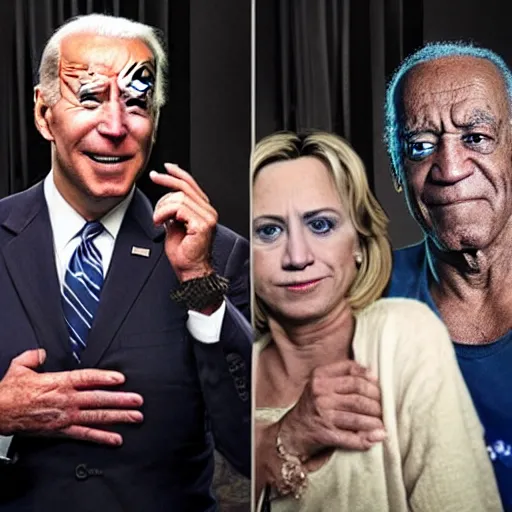 Prompt: joe biden as a junkie crackhead in a crack house with black eyes and crying hilary clinton and bill cosby as her pimp, hyperrealism photo - realistic photography volumetric lighting enchantingly beautiful photography