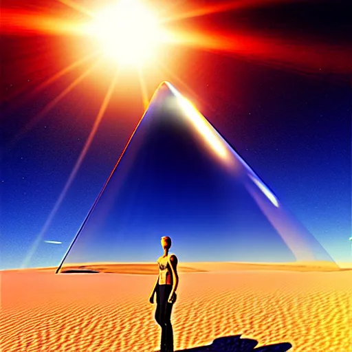 Image similar to poster big crystal in the desert, reflection from the crystal is sparkling due to sun, small starship near, futuristic, hi-tech details, style jean giraud, hyperdetailed, cinematic, unreal engine