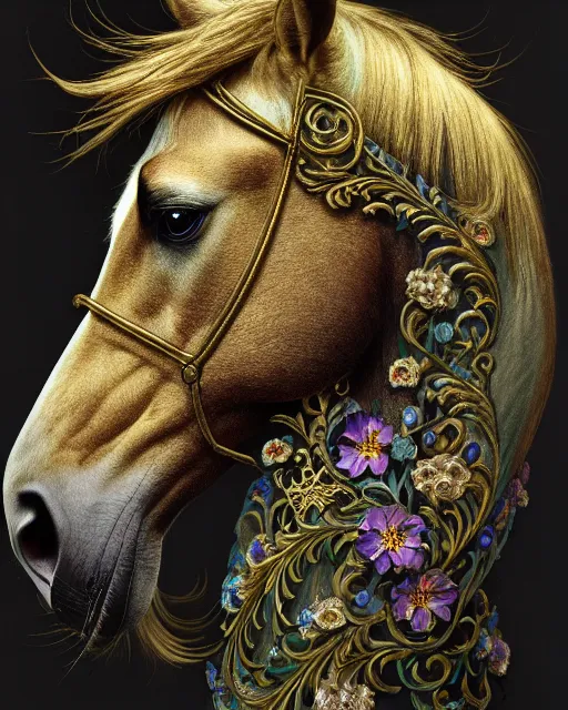 Image similar to side portrait of the horse of iridescent decay, uniquely beautiful animal, with flowers and plants, emotionally evoking symbolic metaphors, in focus, heavily gothic ornamental, intricate, elegant, highly detailed photorealistic digital painting, artstation, concept art, painterly, golden ratio, sharp focus, illustration, art by greg rutkowski and alphonse mucha,