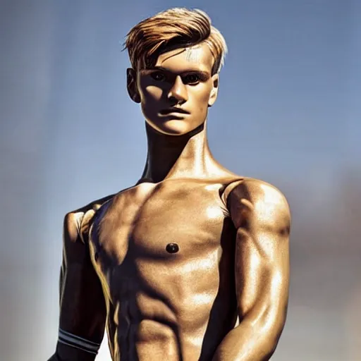 Image similar to a realistic detailed photo of a guy who is an attractive humanoid who is half robot and half humanoid, who is a male android, soccer player martin ødegaard, shiny skin, posing like a statue, blank stare, by the pool, on display, showing off his muscles, mannequin stand