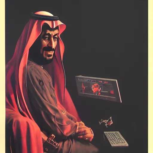 Image similar to king of saudi arabia playing video games. foggy black background. highly detailed science fiction painting by norman rockwell, frank frazetta, syd mead and moebius. rich colors, high contrast, gloomy atmosphere, dark background. trending on artstation