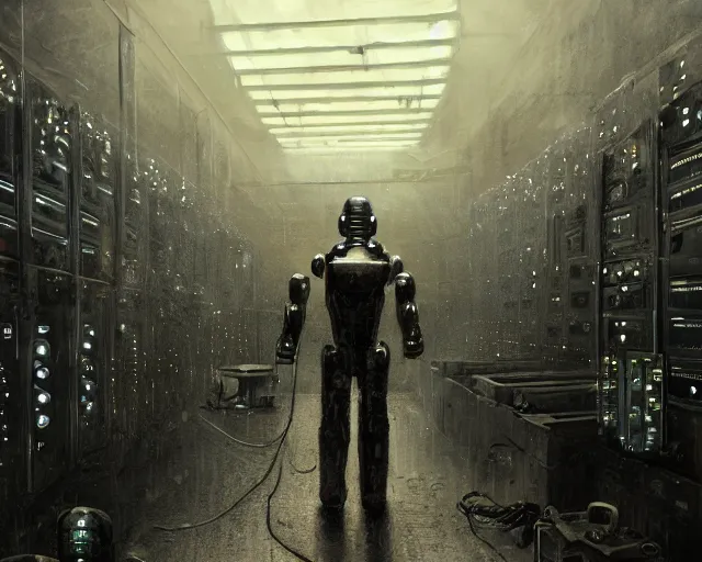 Image similar to gloomy colossal ruined server room in datacenter robot figure automata headless drone robot knight welder posing pacing fixing soldering mono sharp focus, emitting diodes, smoke, artillery, sparks, racks, system unit, motherboard, by pascal blanche rutkowski artstation hyperrealism cinematic dramatic painting concept art of detailed character design matte painting, 4 k resolution blade runner