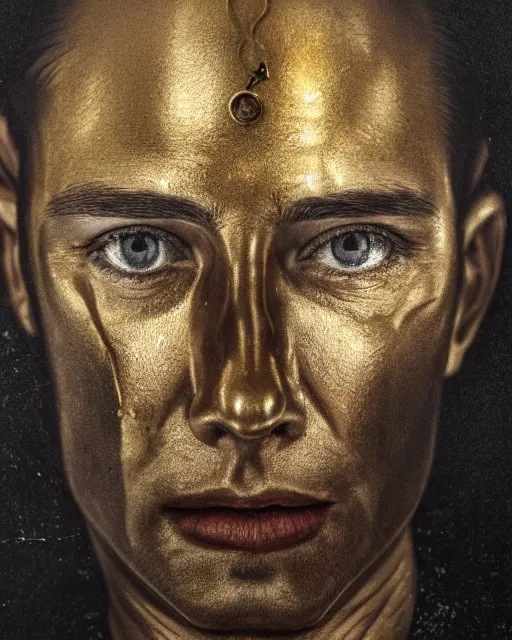 Image similar to realistic portrait of a dead man, dark, gold, silver ornaments, facing camera, photo realistic, detailed, 1 4 5 0, delicate, hyper realism, ultra realistic, 8 k