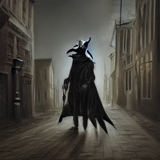 Image similar to a plague doctor walks through a Victorian city, dark atmosphere, detailed, dark Colors