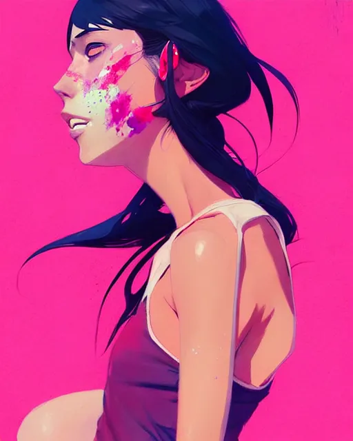 Image similar to a ultradetailed beautiful painting of a stylish woman in a pink tank top, by conrad roset, greg rutkowski and makoto shinkai trending on artstation