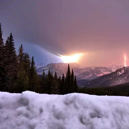 Prompt: high rocky mountains snow steep dark gloomy volumetric lightning lense flare 4 k